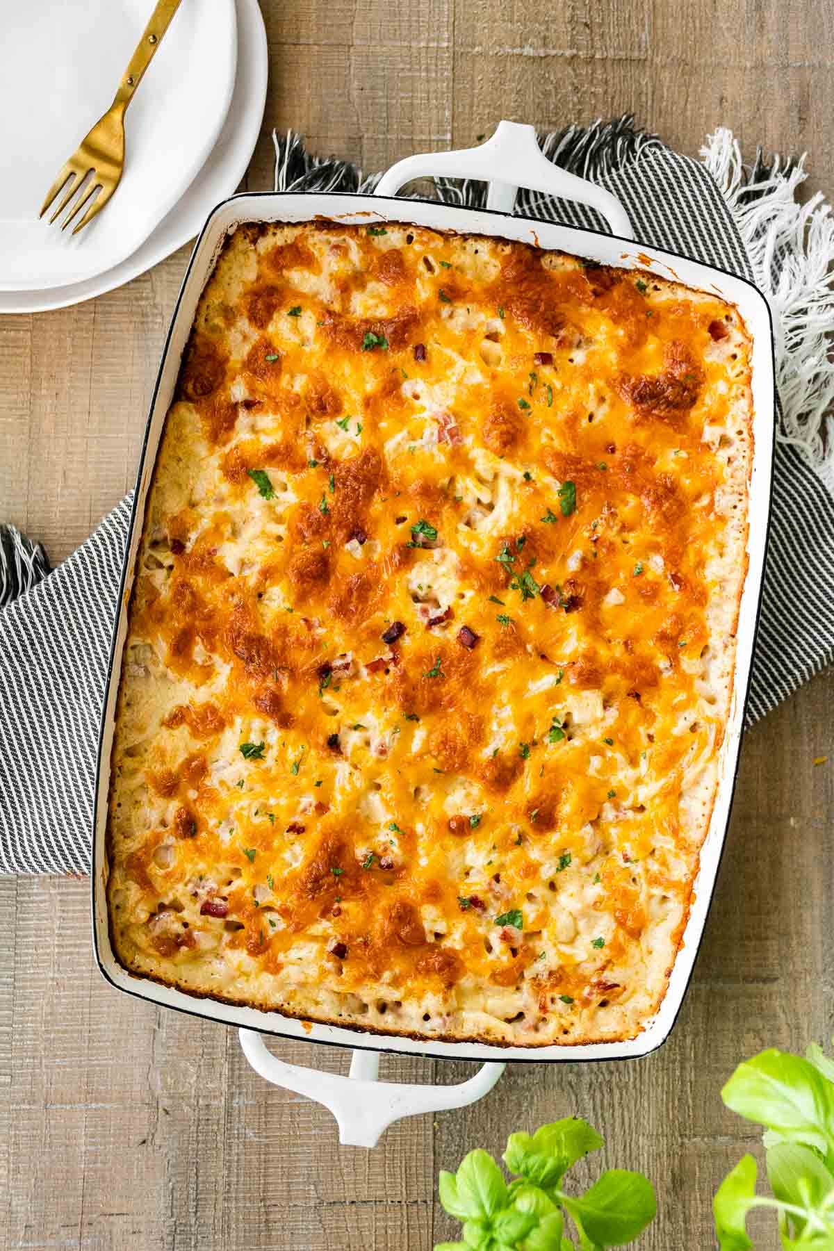 Cheesy Ham and Hash Brown Casserole in casserole dish