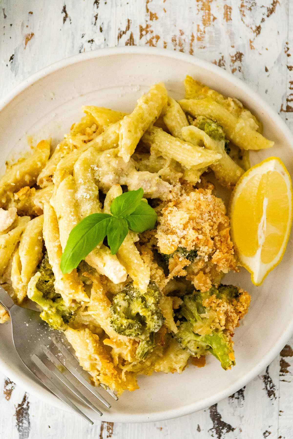 Chicken Broccoli Pasta Bake on serving plate closeup