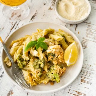 Chicken Broccoli Pasta Bake on serving plate 1x1