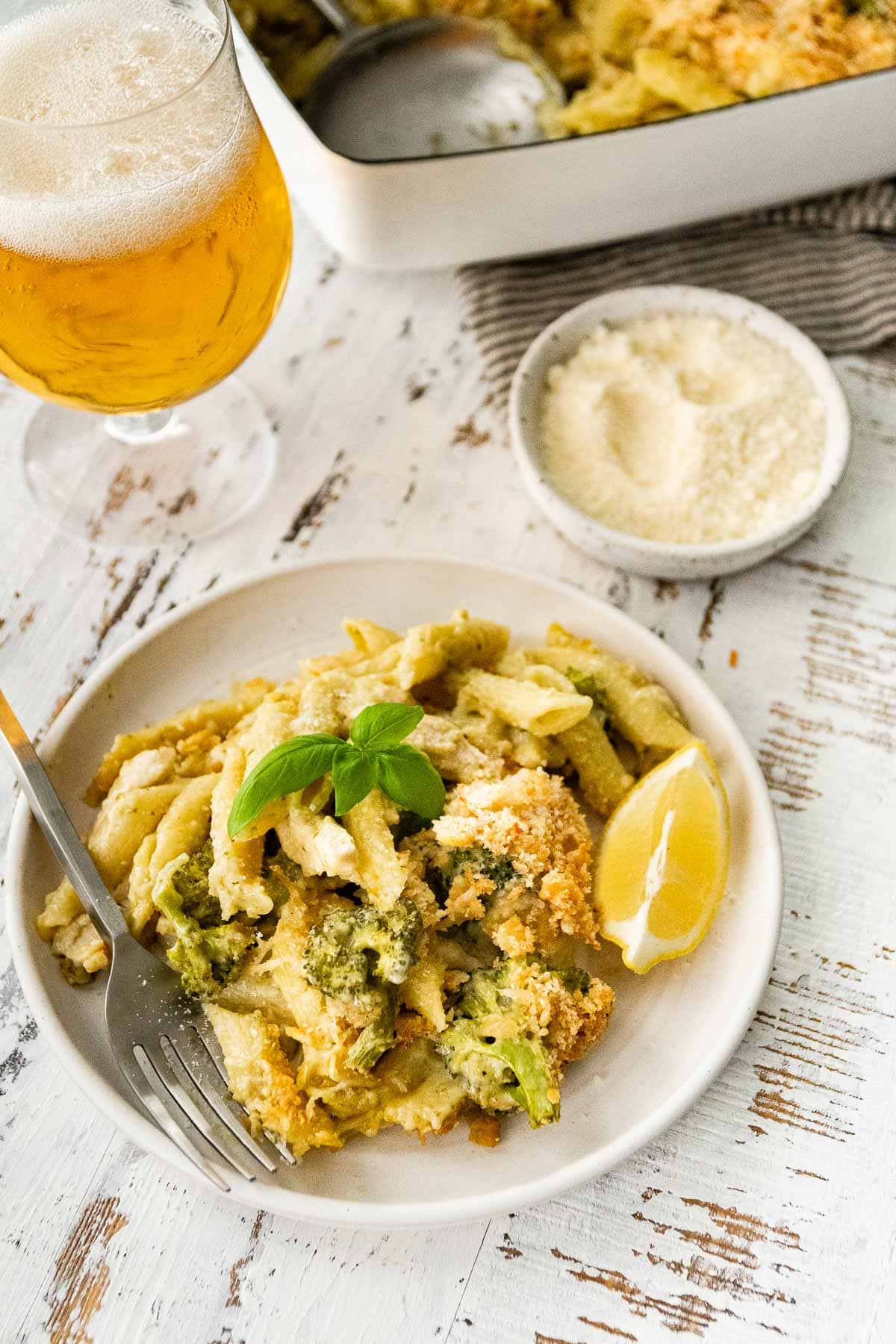 Chicken Broccoli Pasta Bake on serving plate