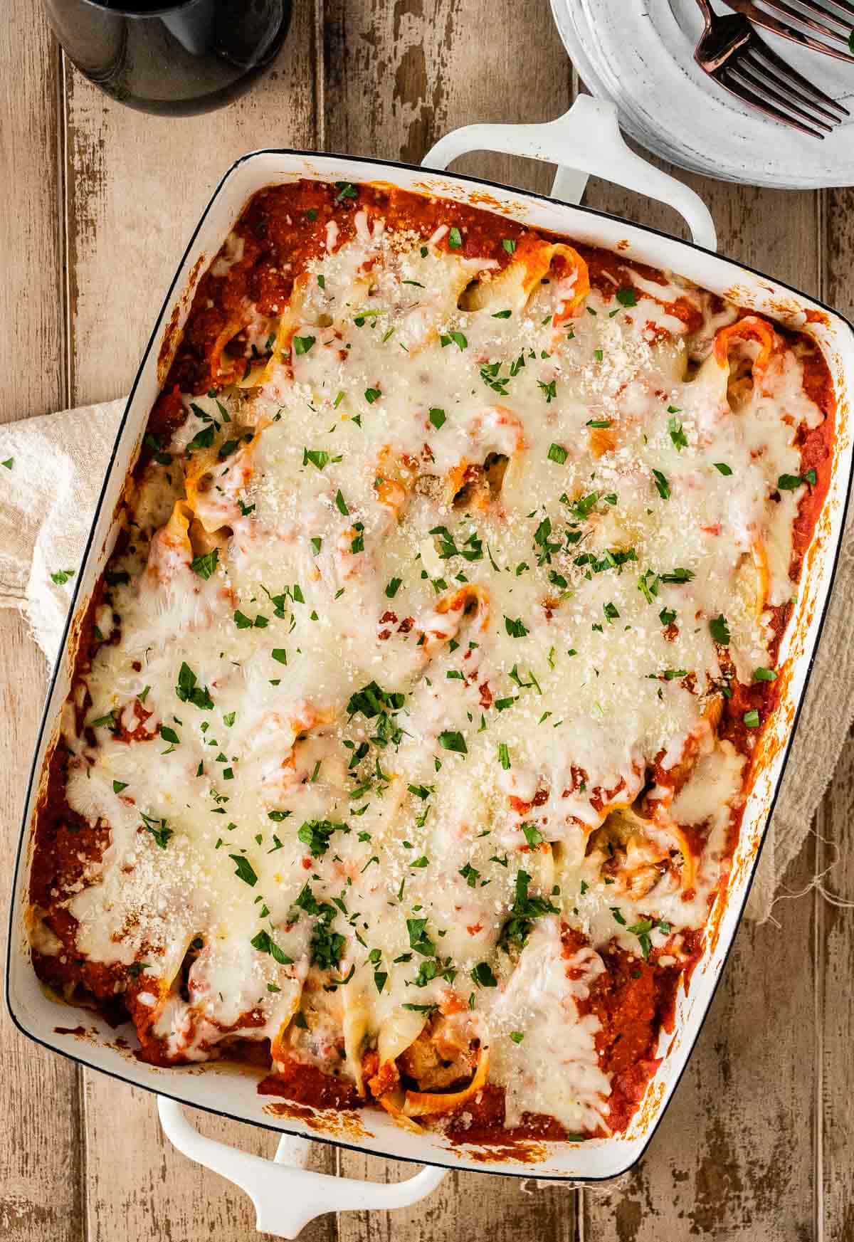 Chicken Parmesan Stuffed Shells in baking pan