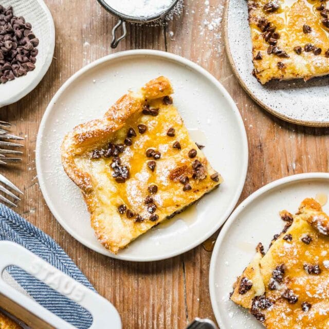 Chocolate Chip Dutch Baby on serving plate 1x1