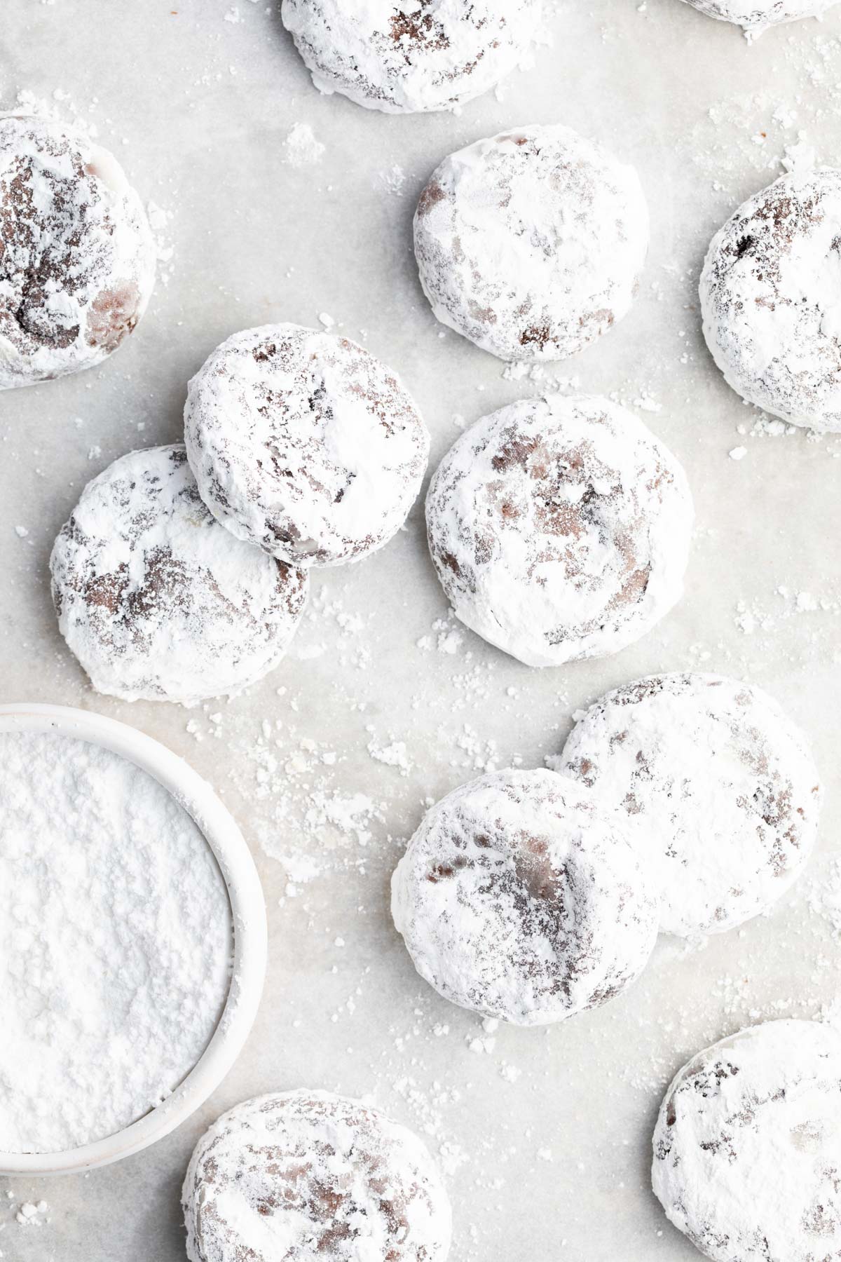 Aerial view of Chocolate Snowballs with powdered sugar