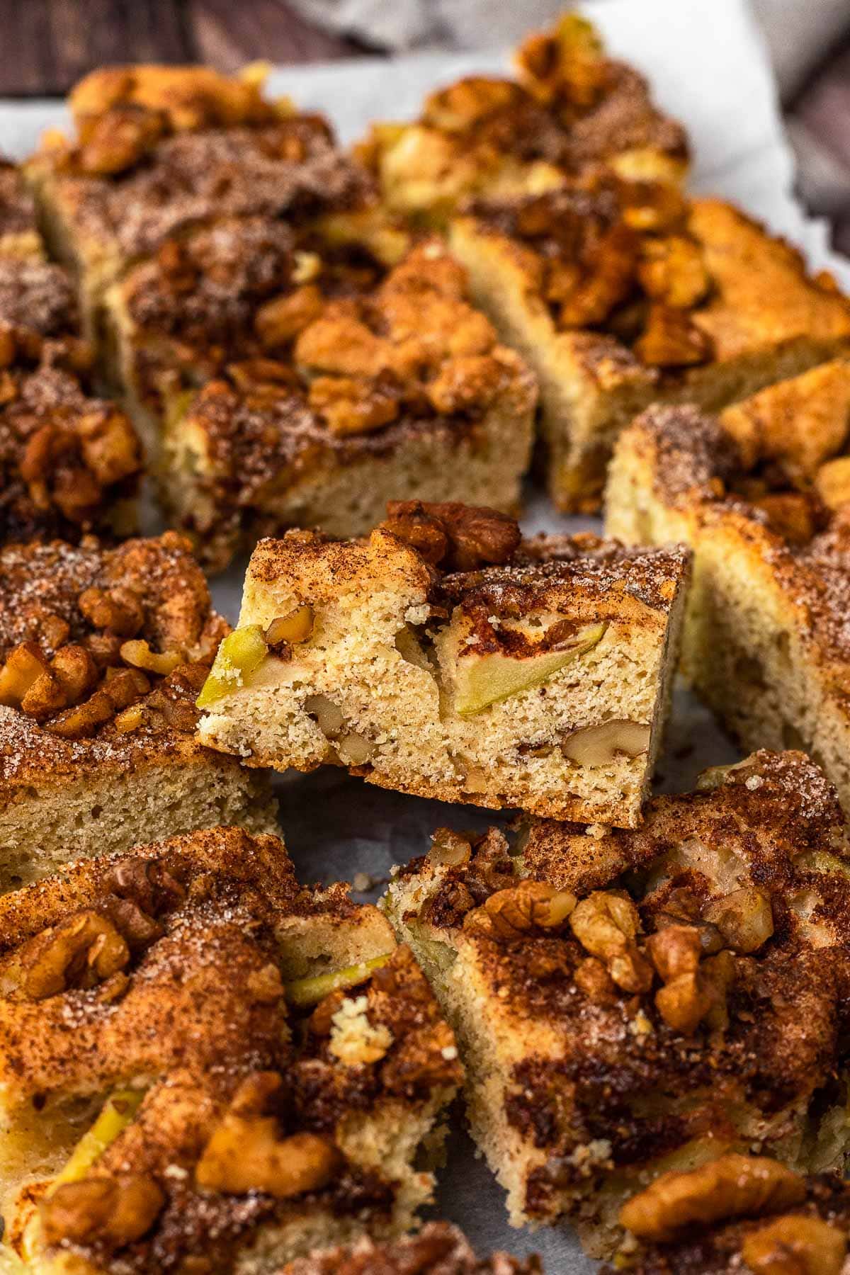 Cinnamon Apple Bars sliced on cooling rack