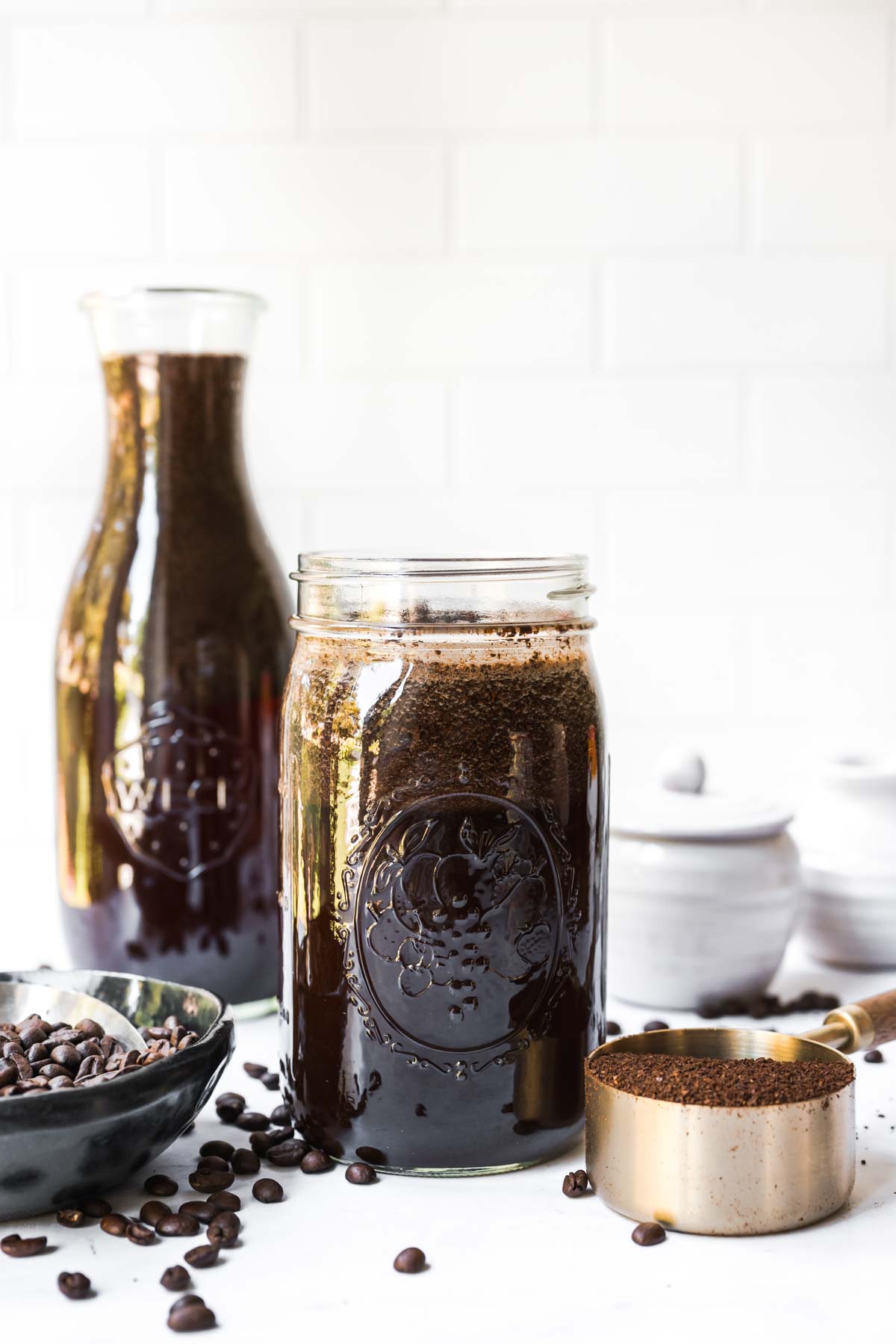 Cold Brew Coffee jar with steeped grounds