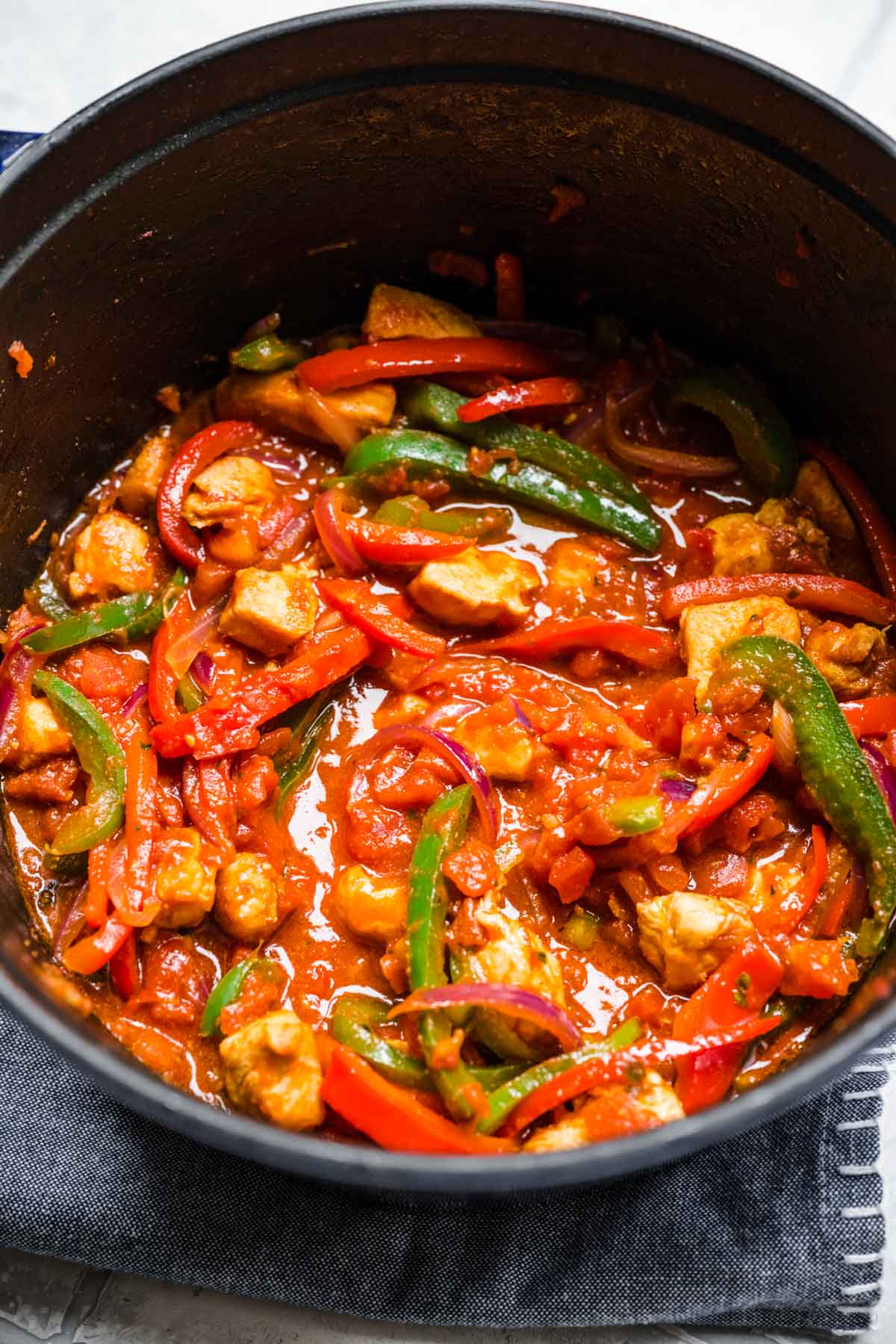 Creamy Chicken Fajita Pasta ingredients in cooking pot