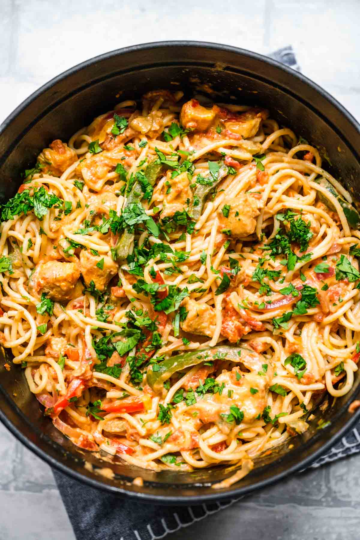 Creamy Chicken Fajita Pasta in cooking pot