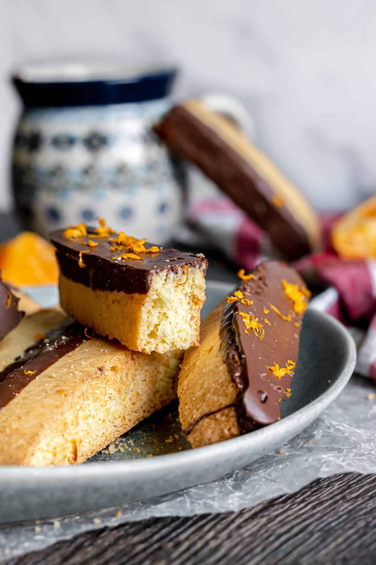 Dark Chocolate Orange Biscotti in serving bowl showing interior Chocolate Orange Biscotti