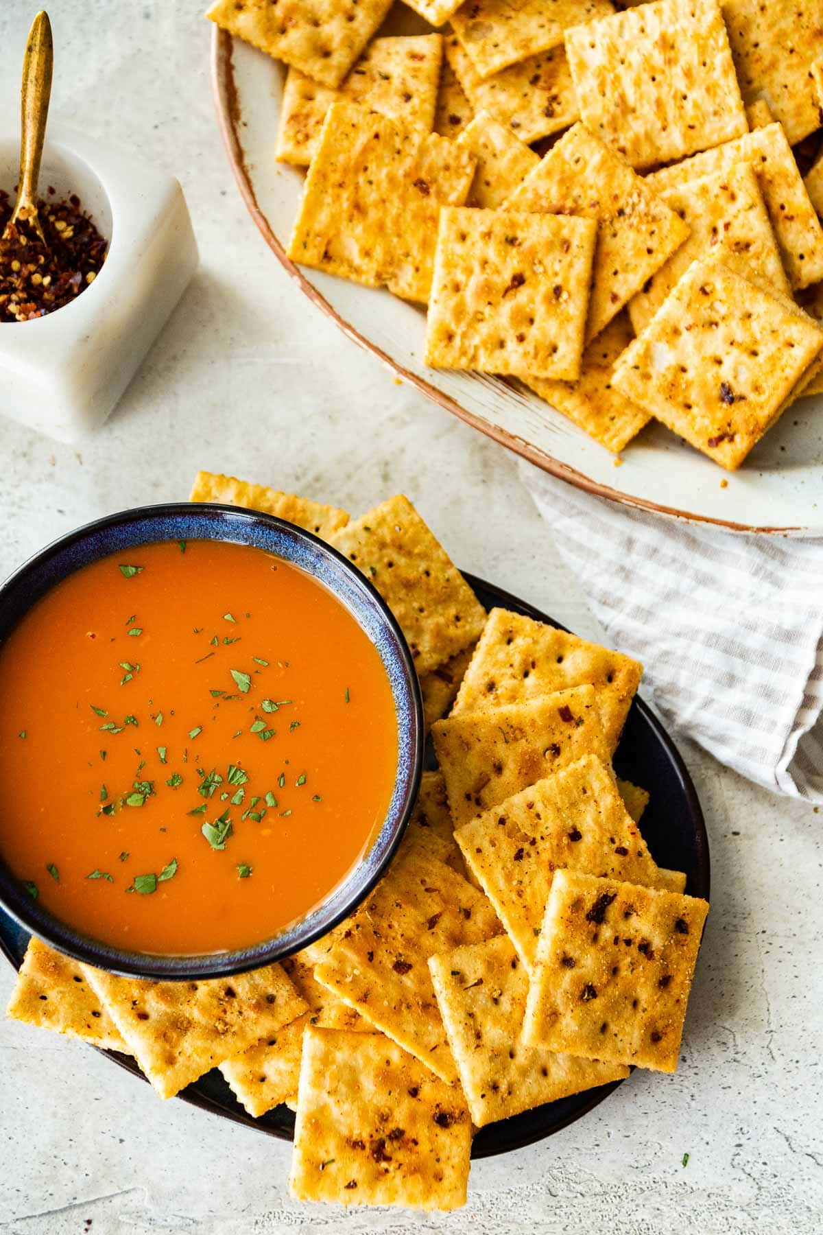 Firecracker Ranch Saltines on serving platter with soup