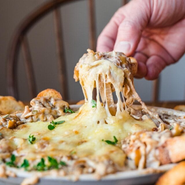 French Onion Soup Dip in serving dish dipping a chip 1x1