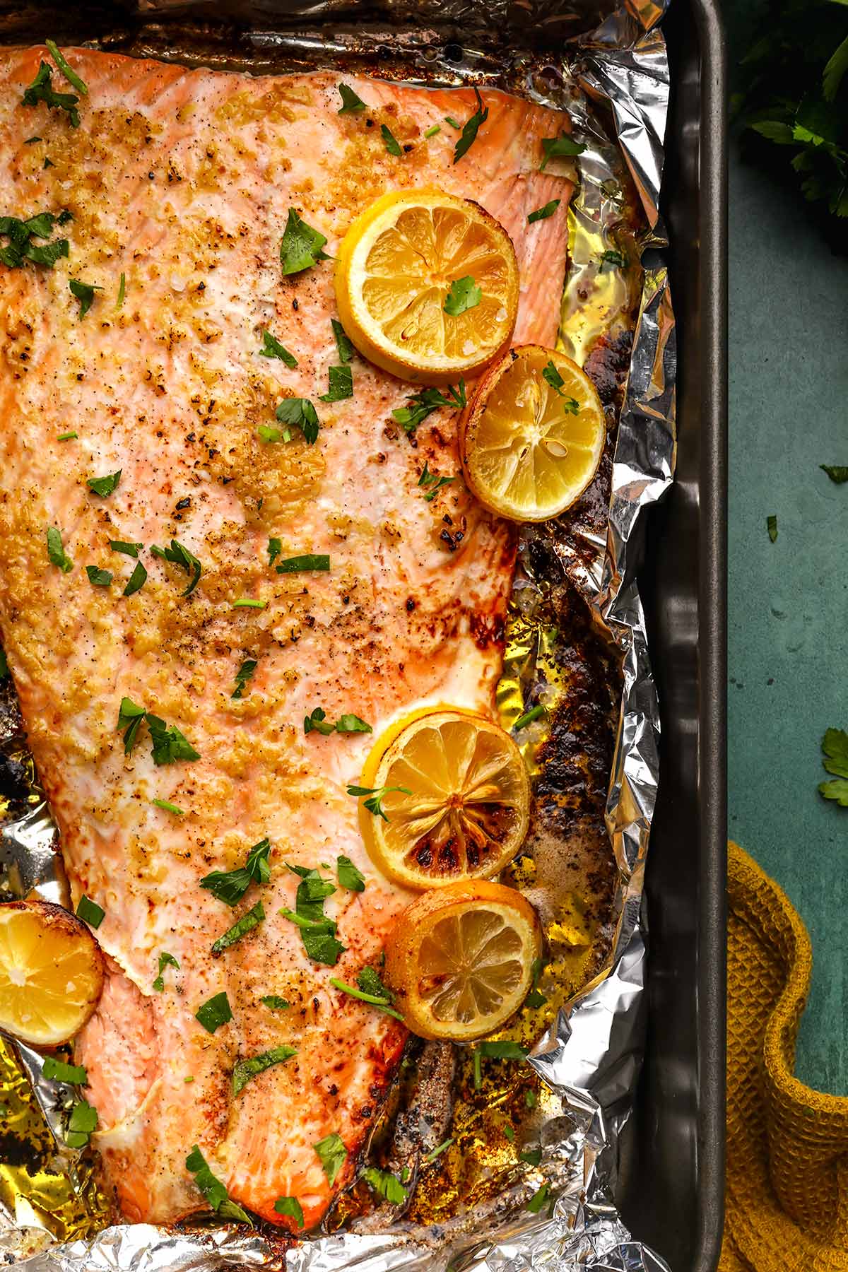 Garlic Butter Salmon on baking pan