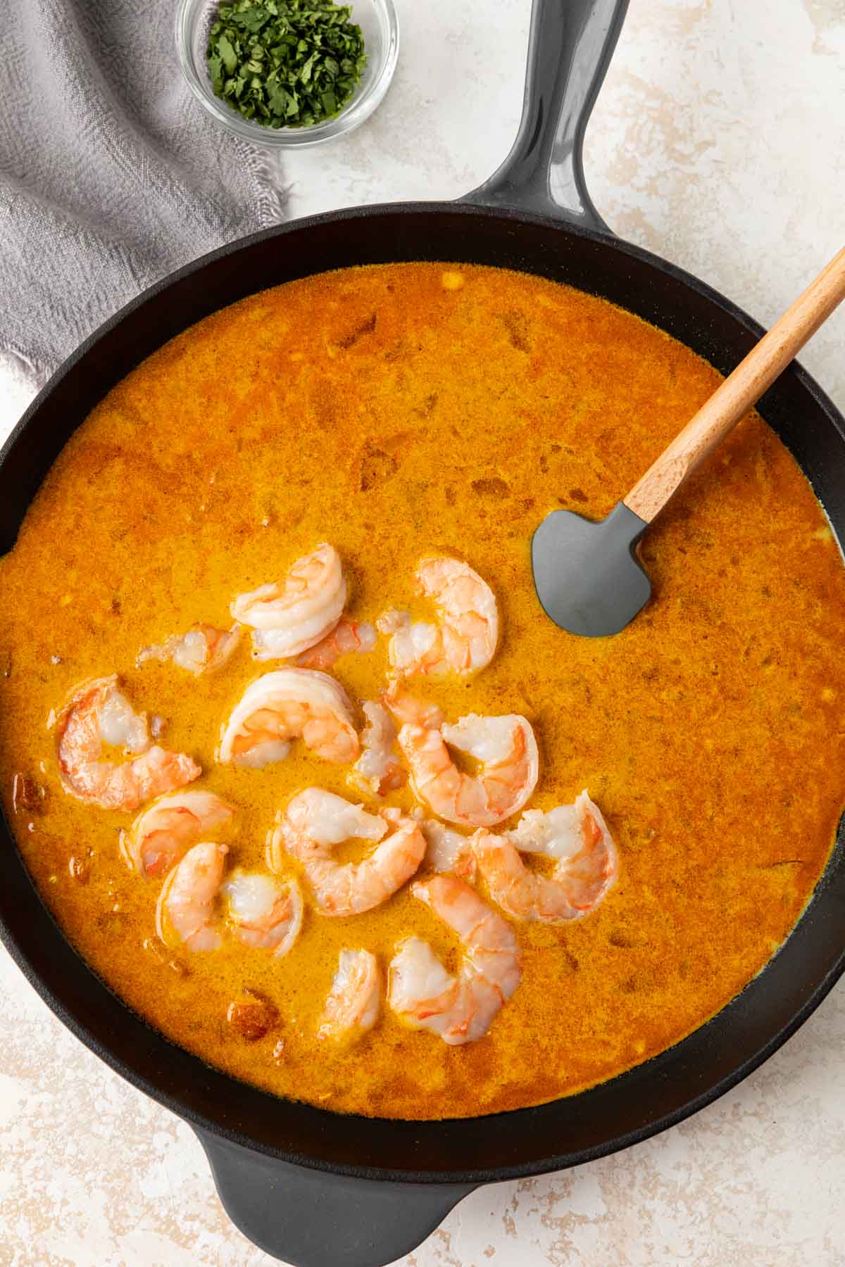 Indian Coconut Shrimp Curry ingredients in cooking pan