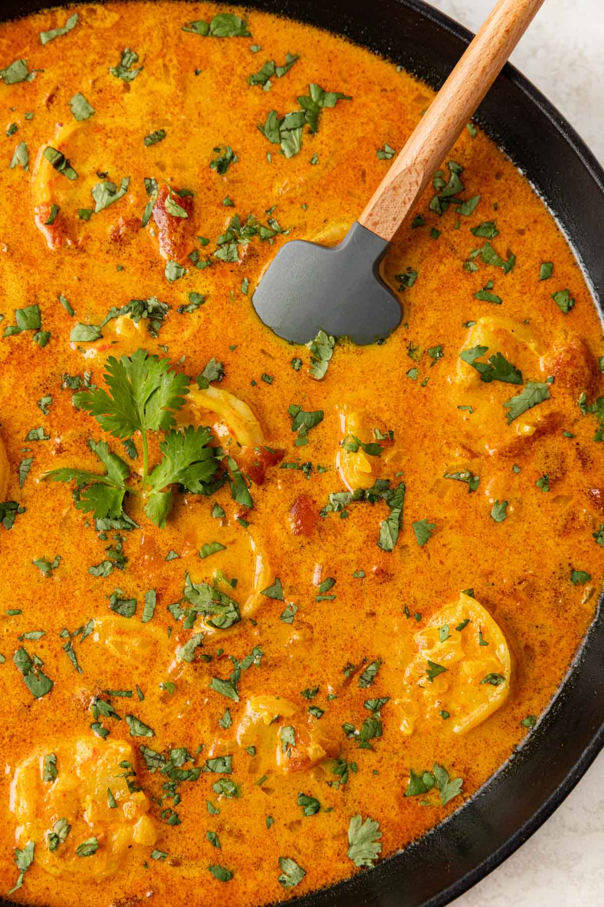 Indian Coconut Shrimp Curry in cooking pan