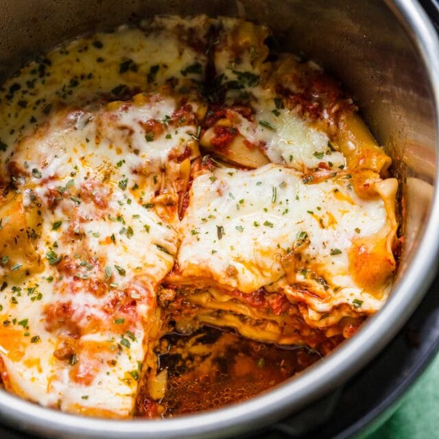 Instant Pot Beef Lasagna in instant pot with slice removed 1x1