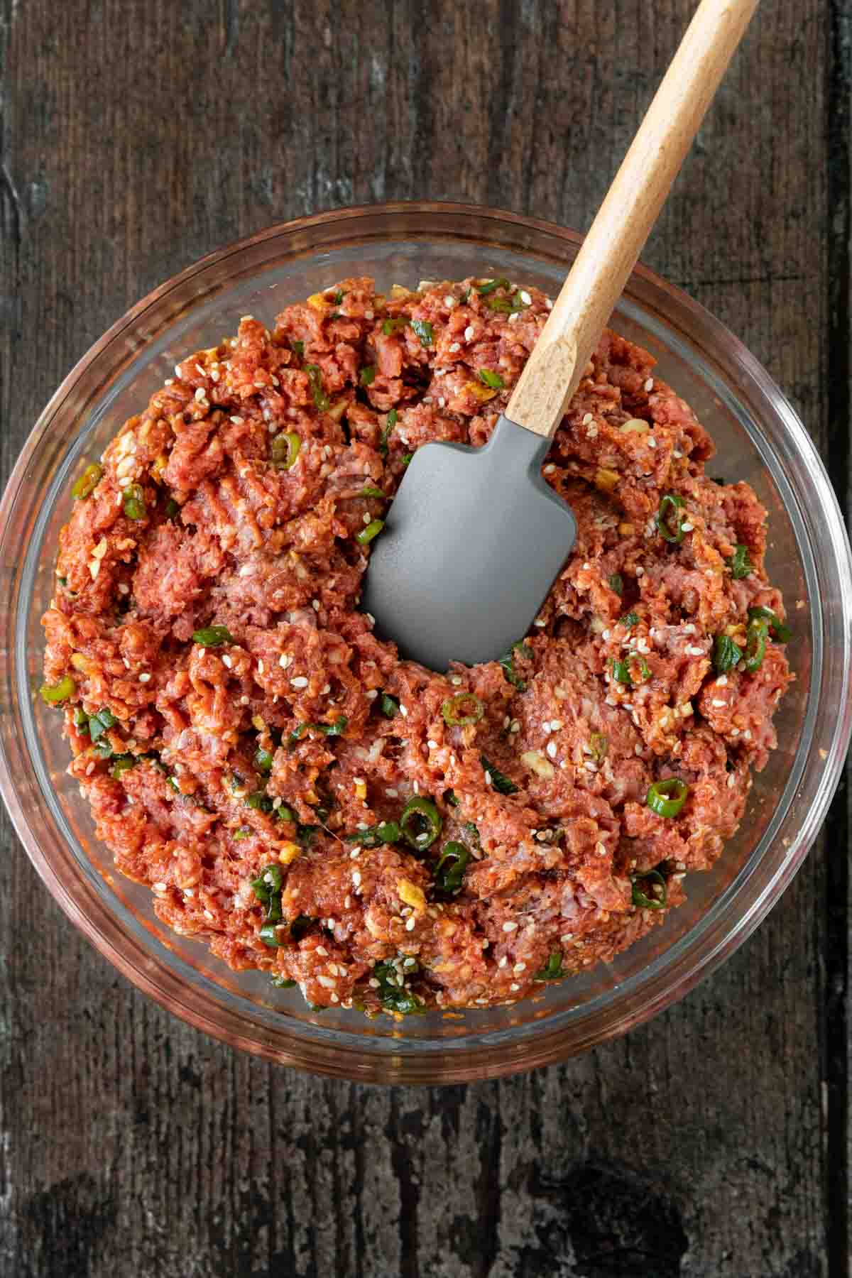 Korean Beef Bulgogi Burger meat mixture in mixing bowl