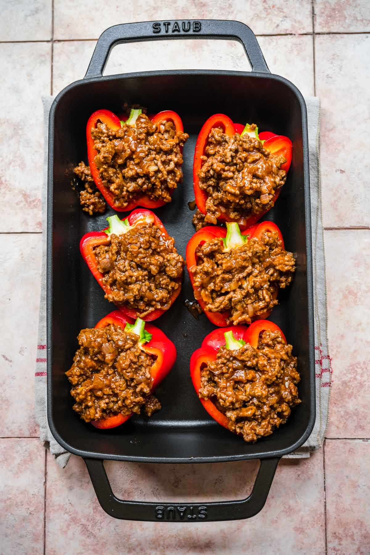 Korean Beef Stuffed Peppers in baking pan