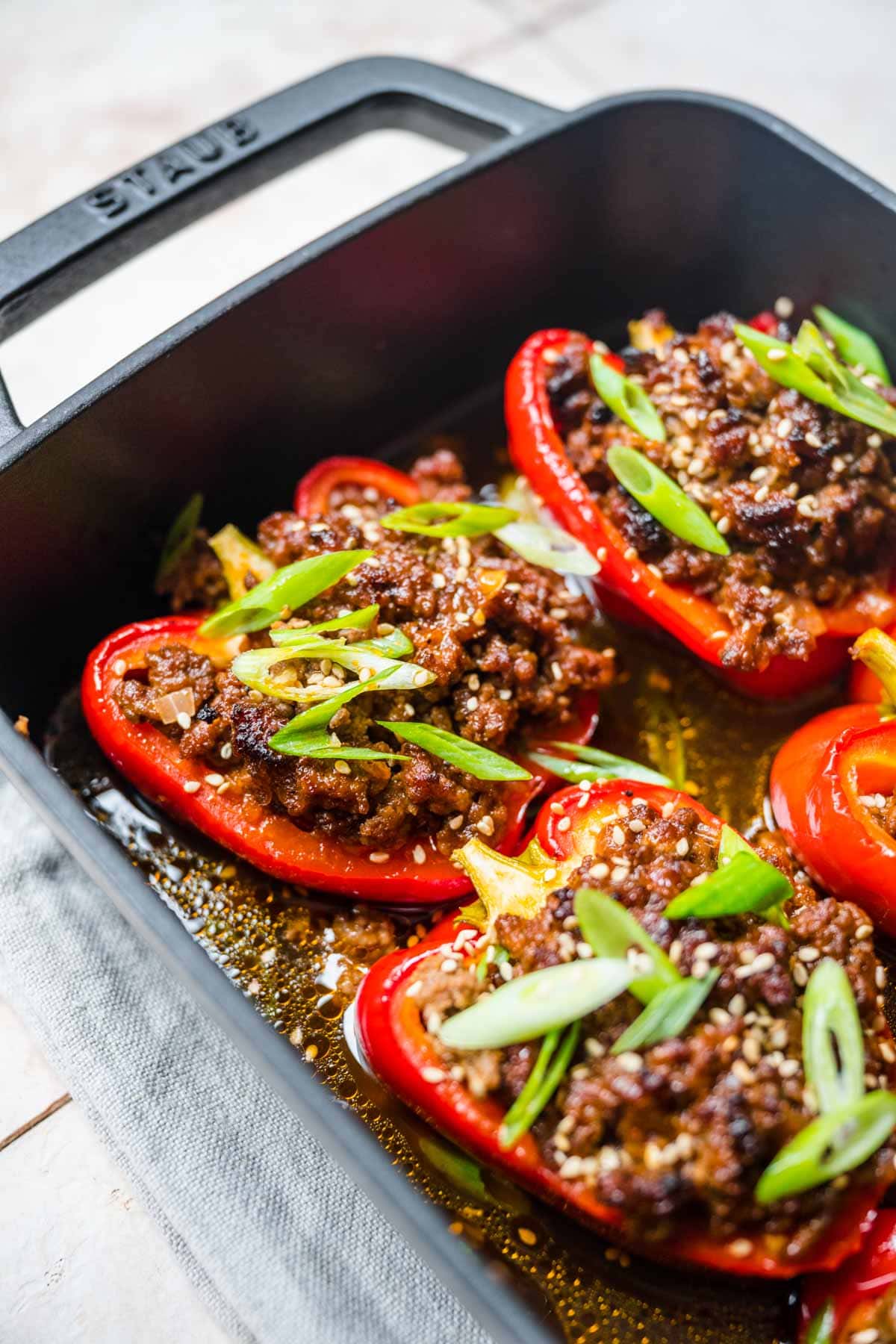 Korean Beef Stuffed Peppers in baking pan