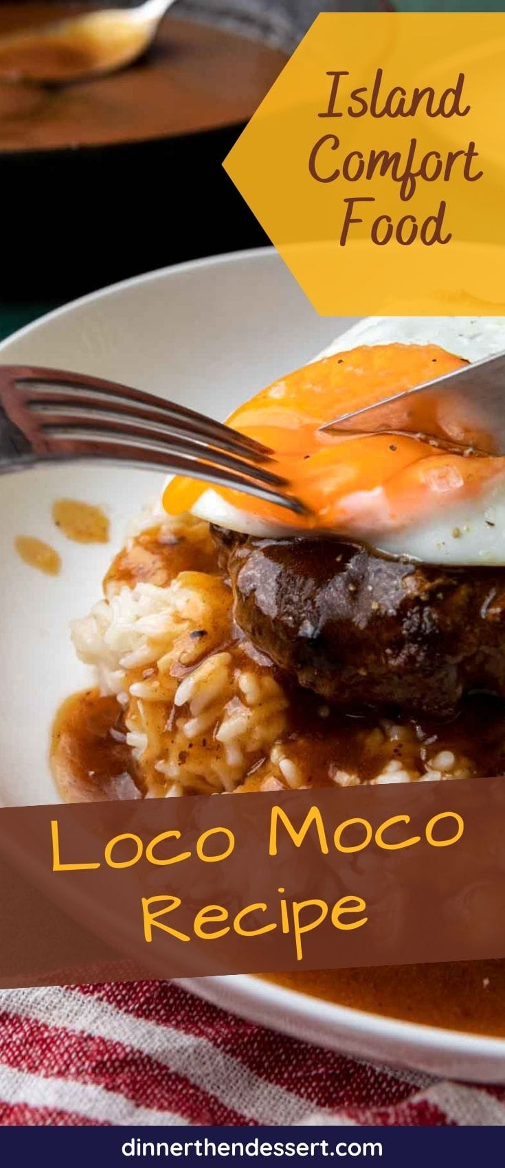 Loco Moco assembled dish on plate, fork and knife cutting egg yolk