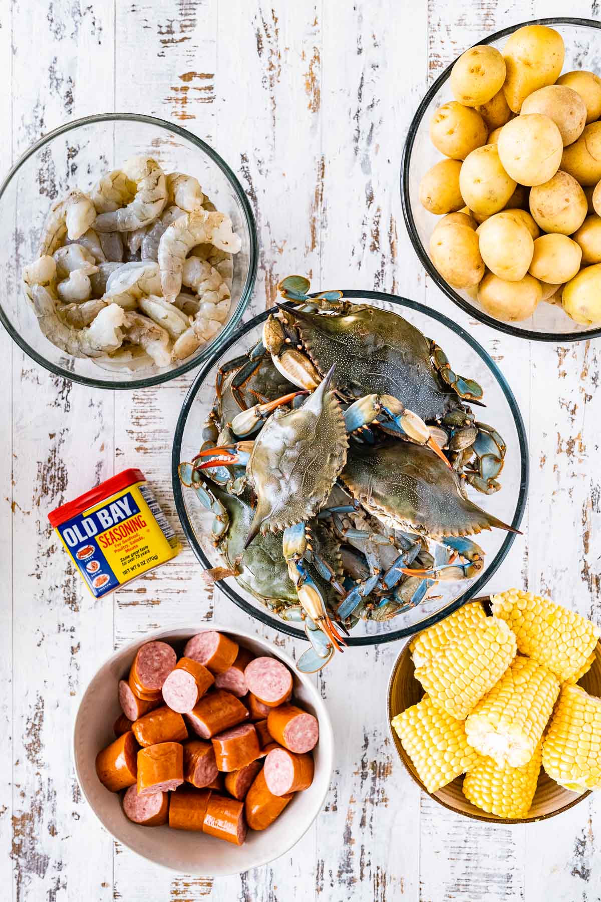 Low Country Boil ingredients in separate bowls