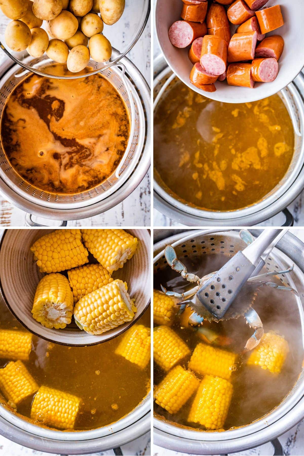 Low Country Boil collage of preparing food in broth