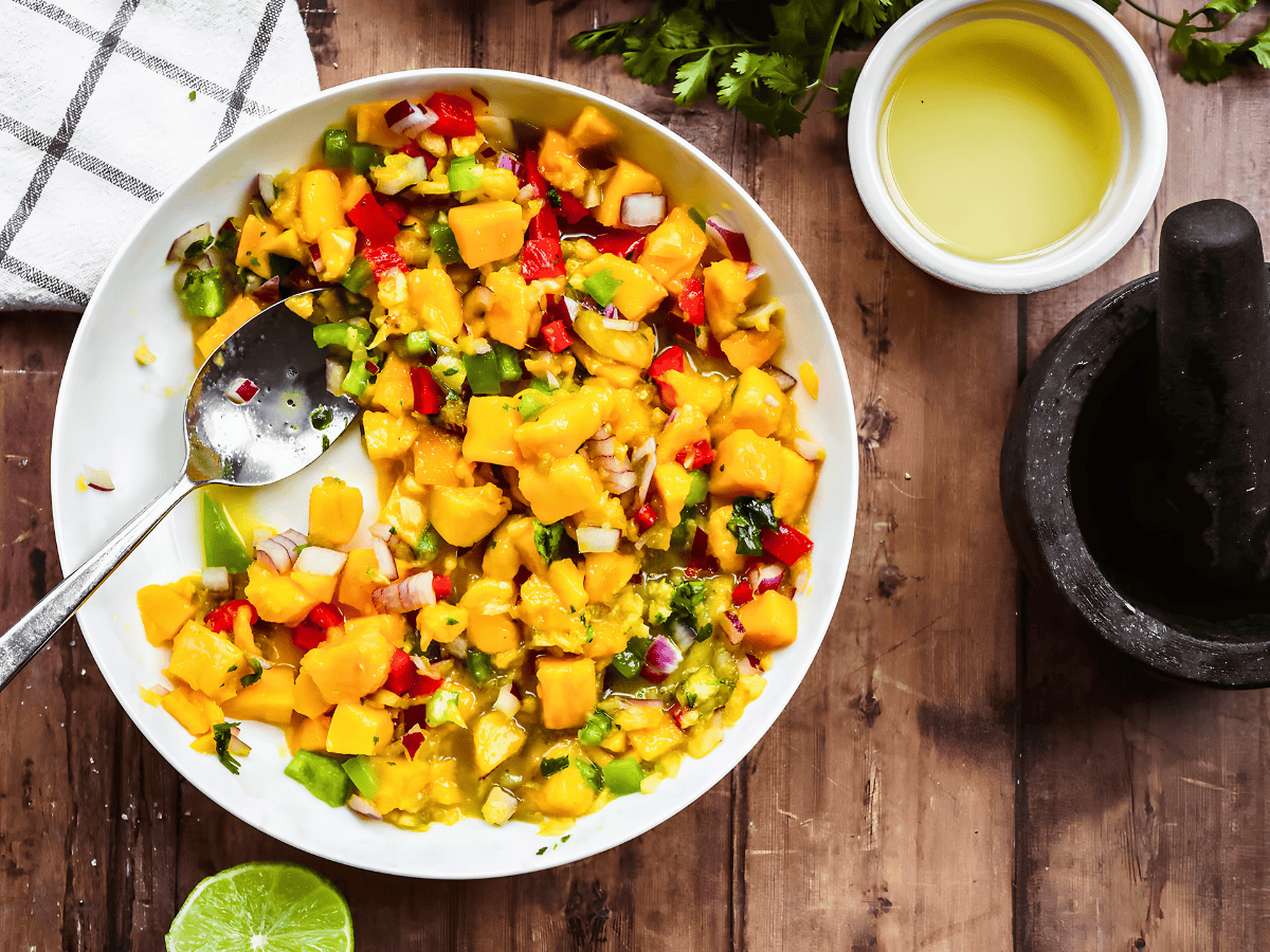 Salsa in a bowl with a spoon