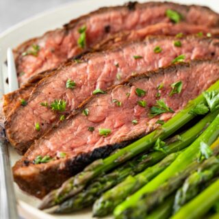 Marinated Flank Steak sliced on serving plate 1x1