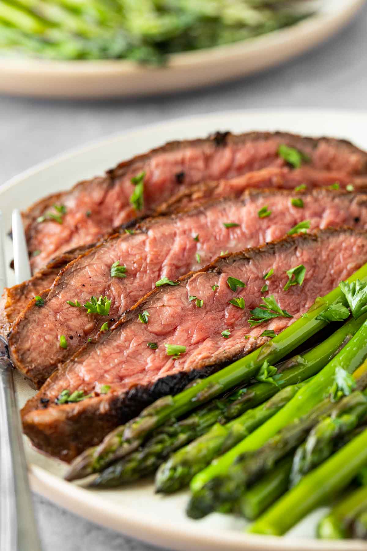 Marinated Flank Steak sliced on serving plate