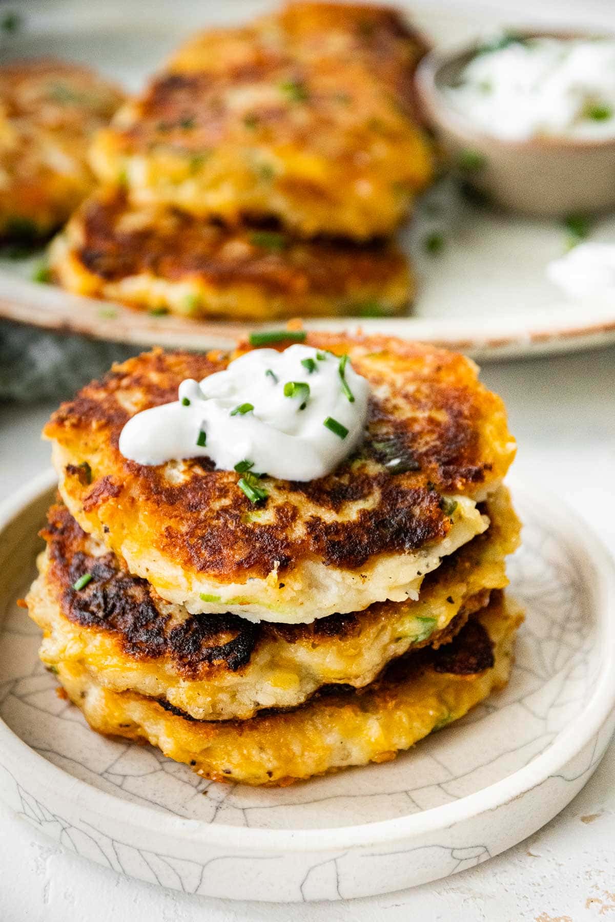 Mashed Potato Pancakes stack on serving plate