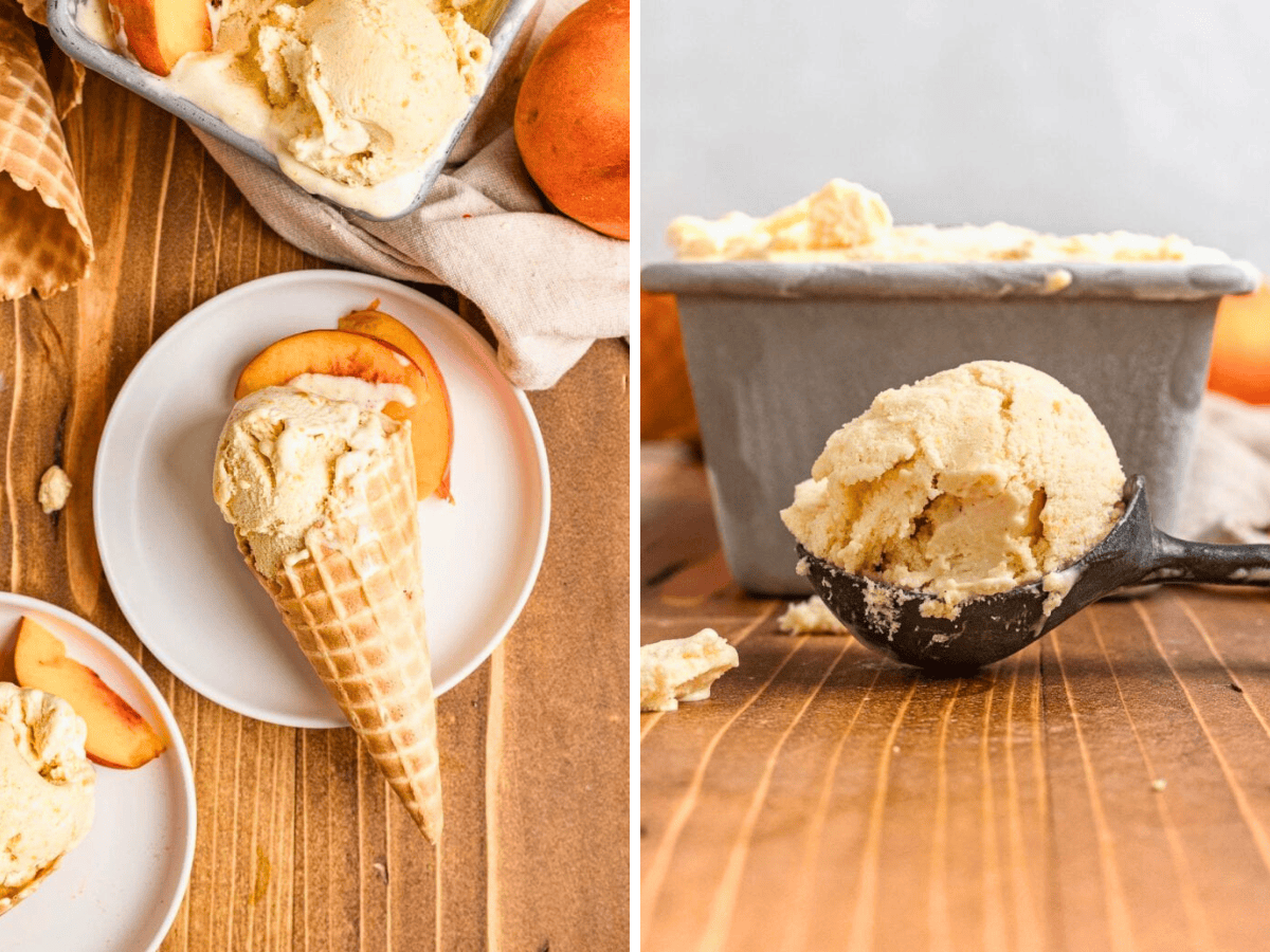 Collage of Ice cream in waffle cone and scoop of ice cream in scooper