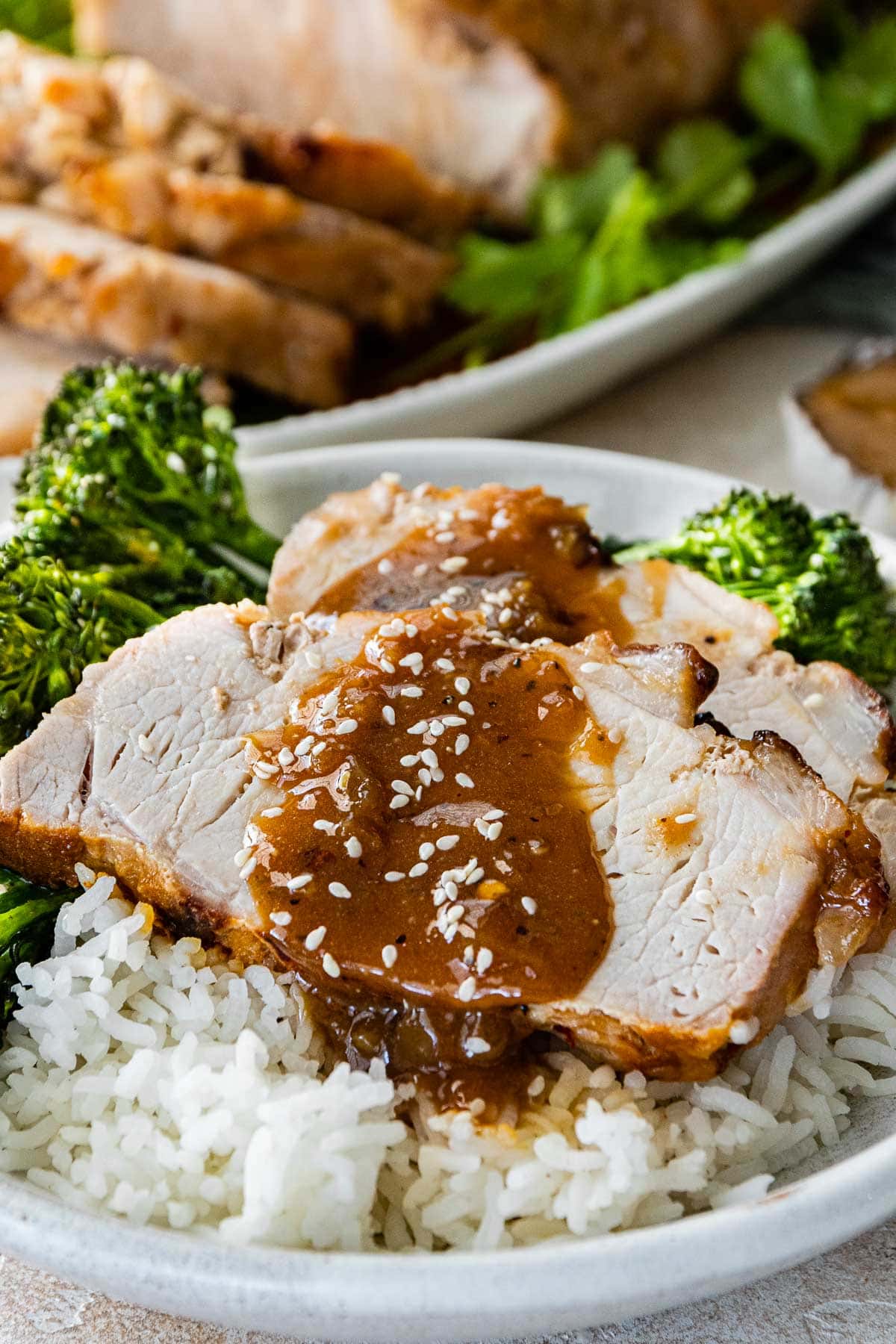 Peanut Butter and Jelly Pork Roast sliced on serving plate