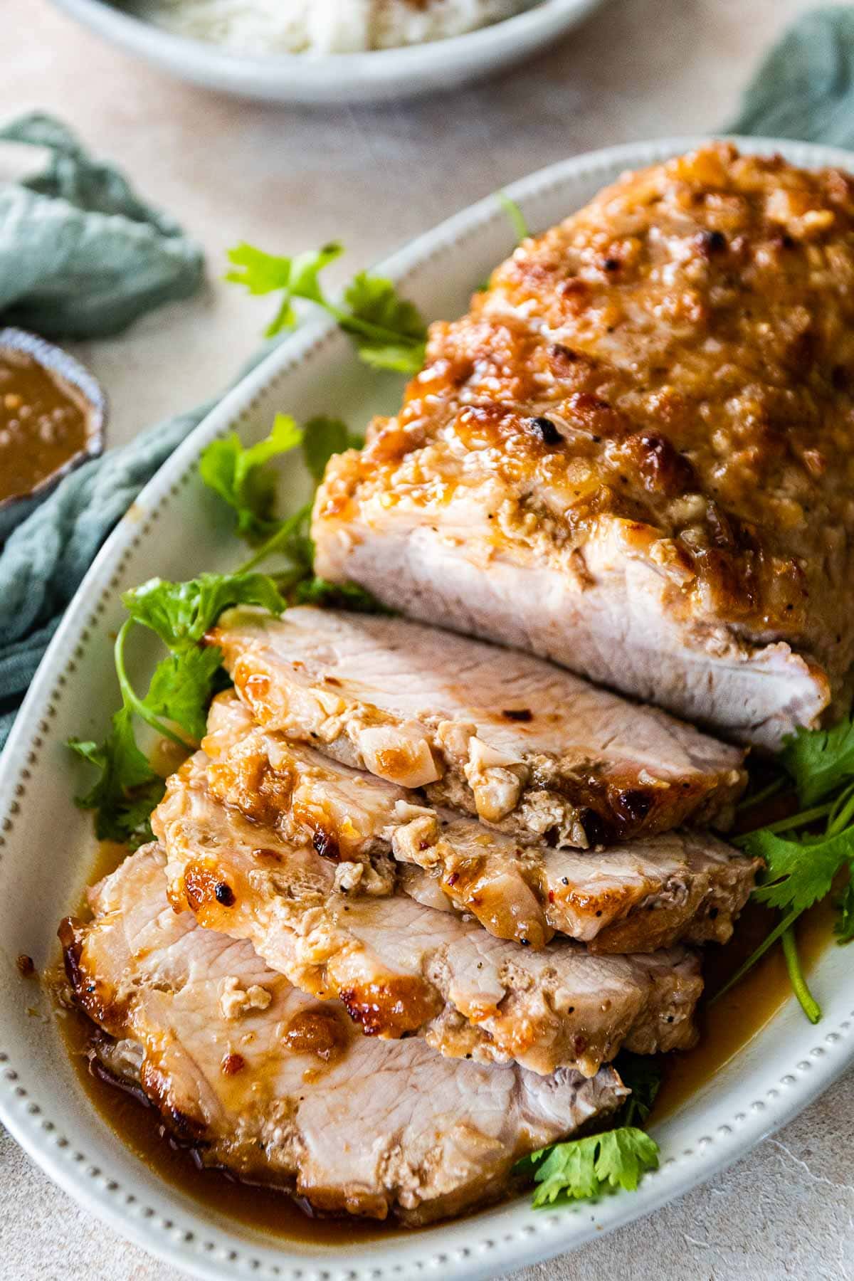 Peanut Butter and Jelly Pork Roast sliced on serving platter