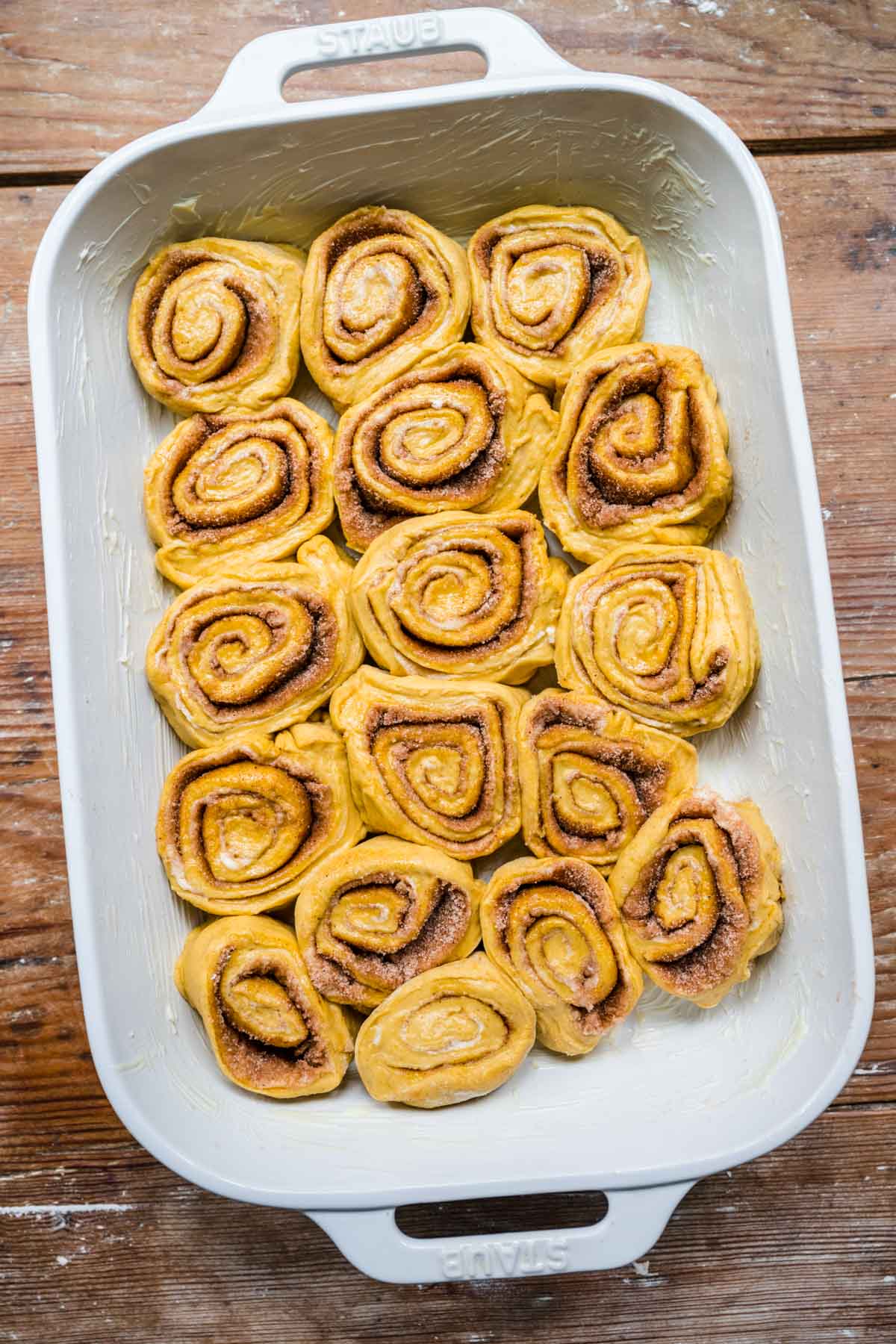 Pumpkin Cinnamon Rolls in baking pan before baking