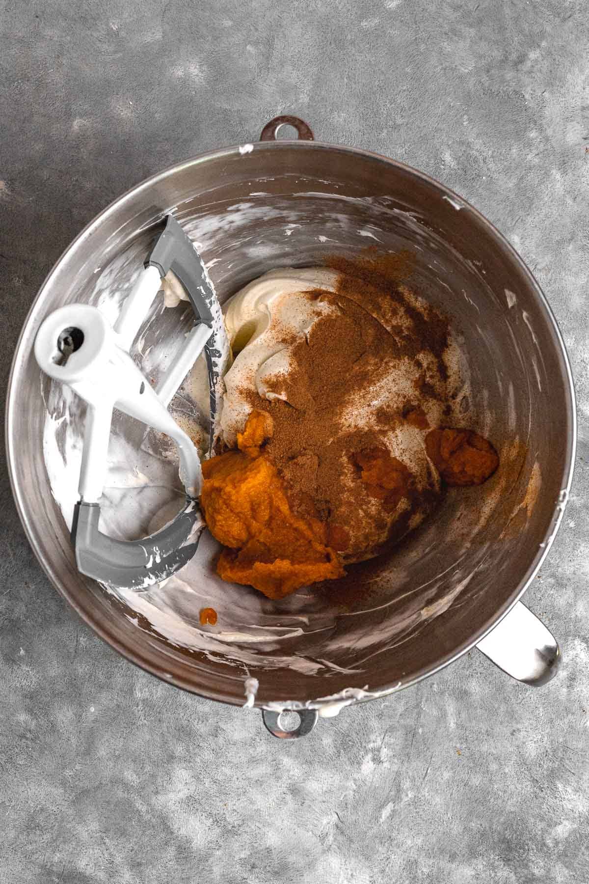 Pumpkin Fluff Dip ingredients in mixing bowl