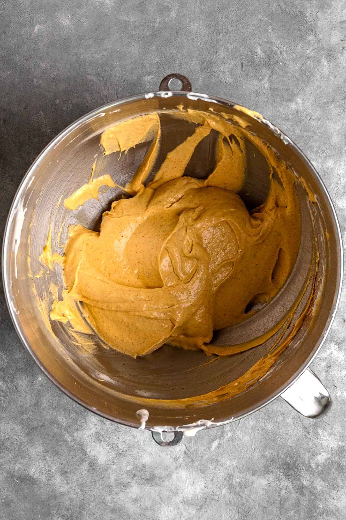 Pumpkin Fluff Dip in mixing bowl