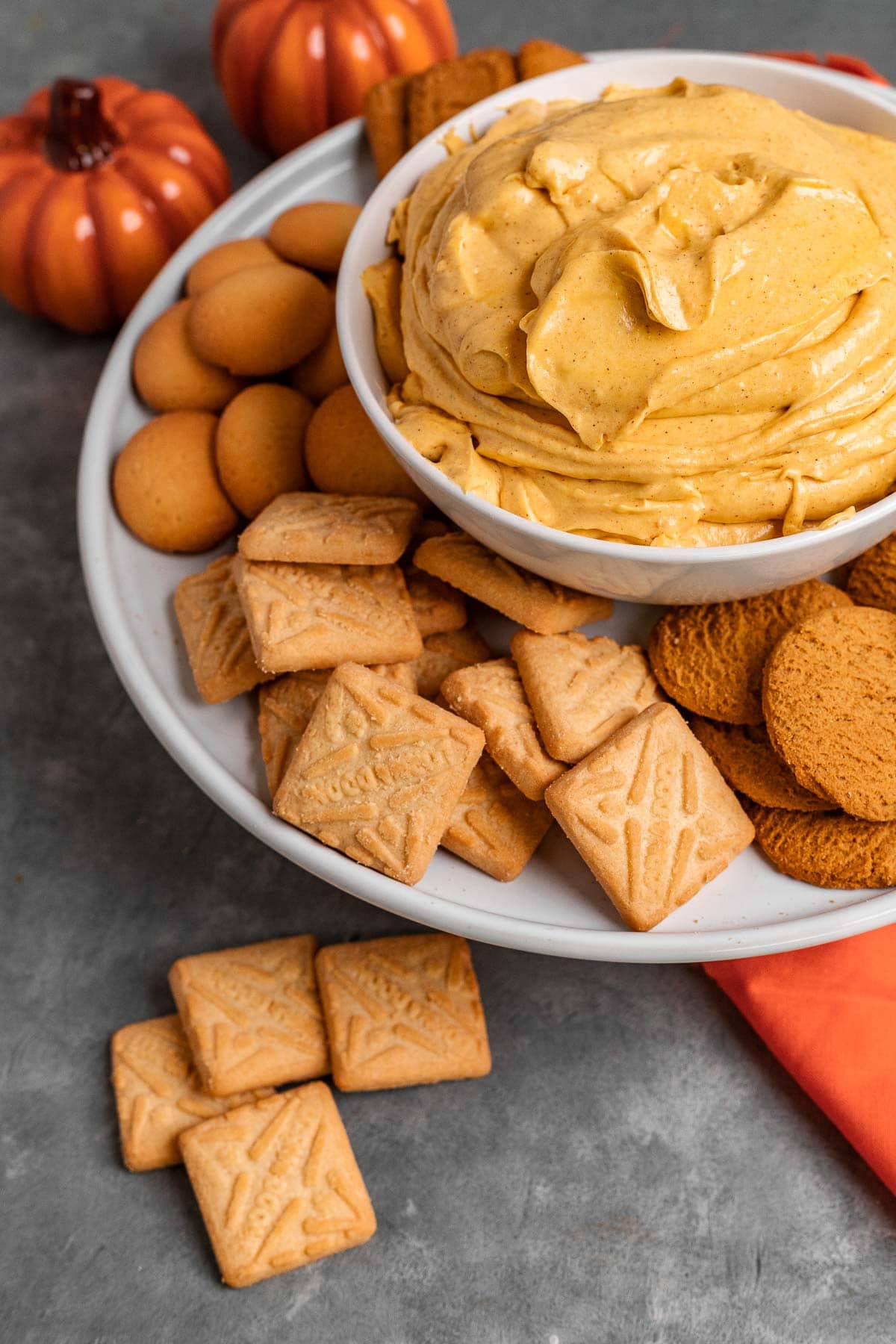 Pumpkin Fluff Dip in serving dish with cookies