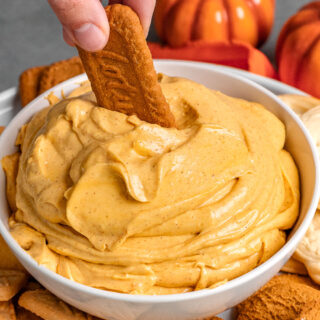 Pumpkin Dip in serving bowl with cookie dipping 4x3