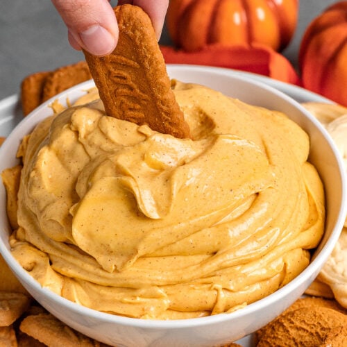 Pumpkin Dip in serving bowl with cookie dipping 4x3