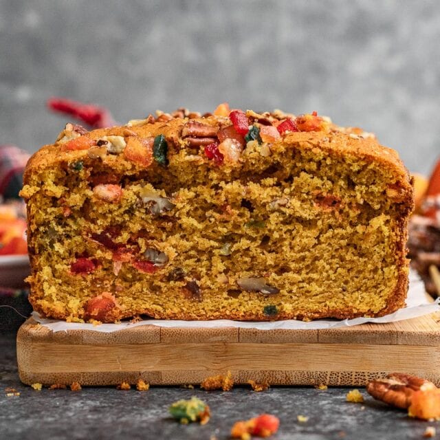 Pumpkin Fruitcake sliced on cutting board 4x3