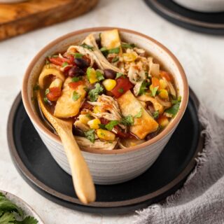 Slow Cooker Chicken Tortilla Soup in bowl with wooden spoon side angle view