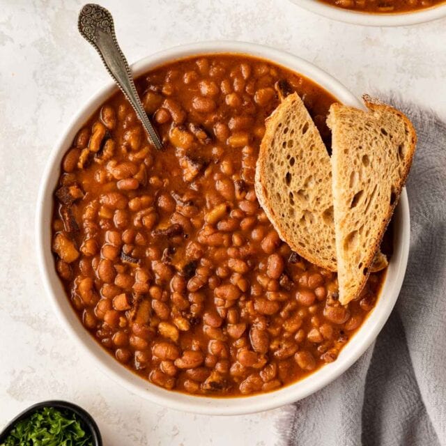 Slow Cooker Pork and Beans in serving bowl 1x1