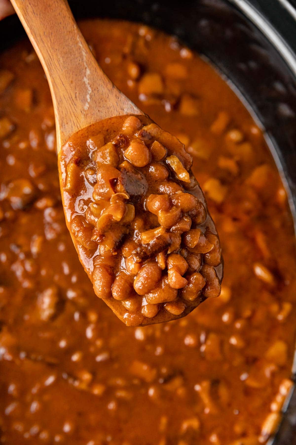 Slow Cooker Pork and Beans spoonful showing detail