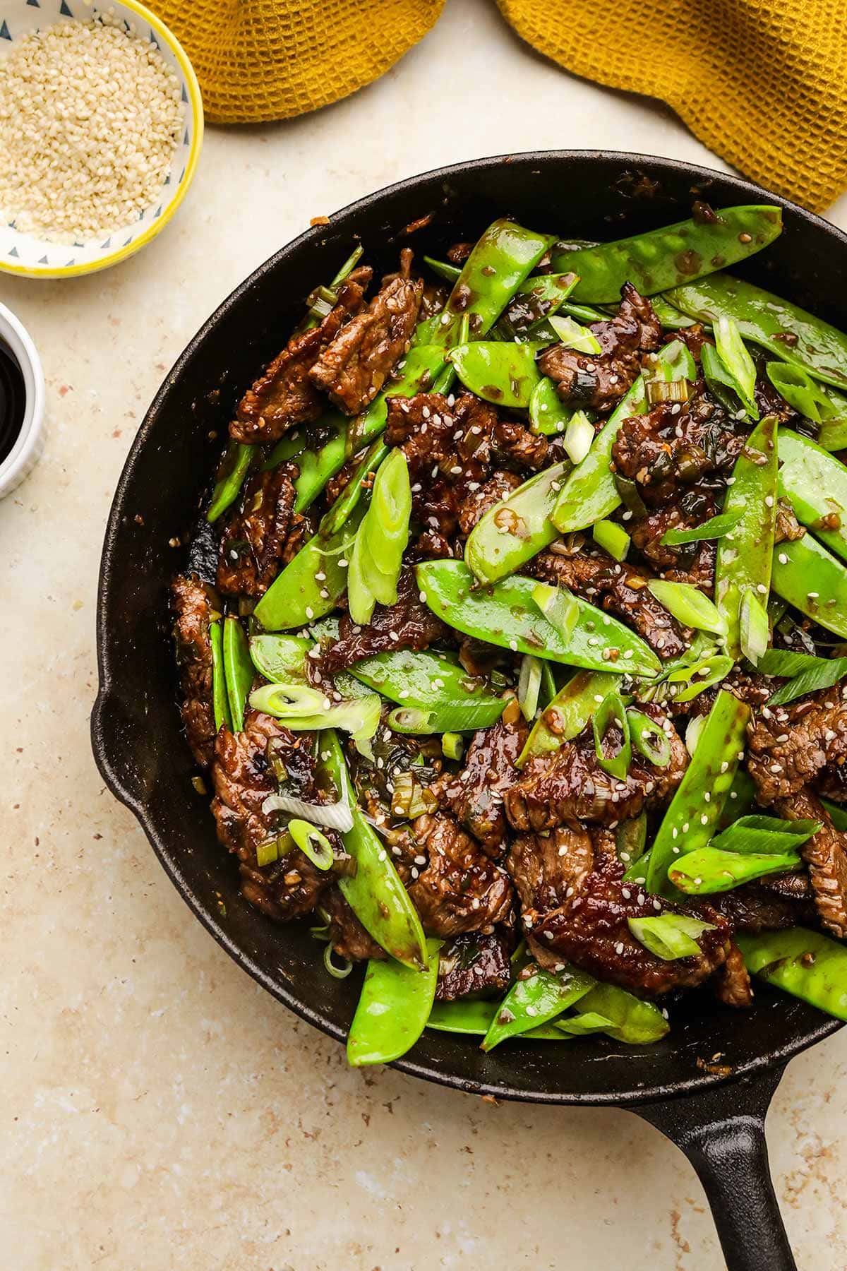 Spicy Garlic Beef Stir Fry in cooking pan