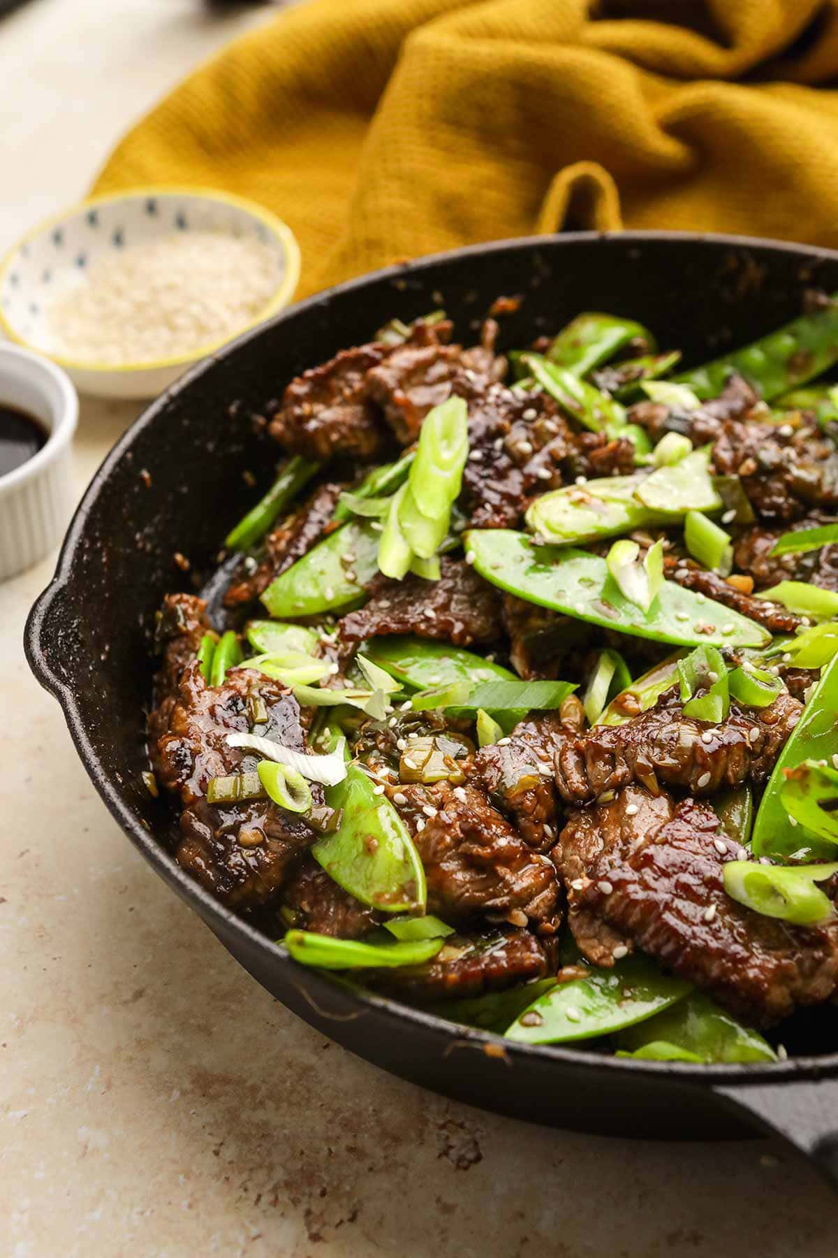 Spicy Garlic Beef Stir Fry in cooking pan