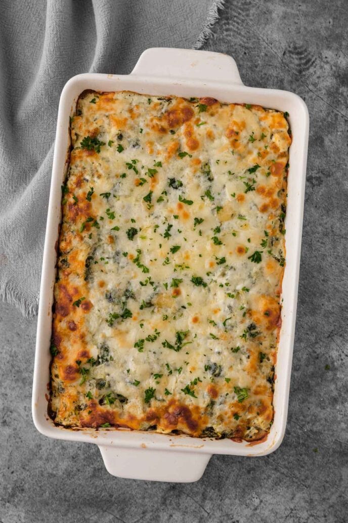 Spinach Artichoke Ravioli Bake in the pan