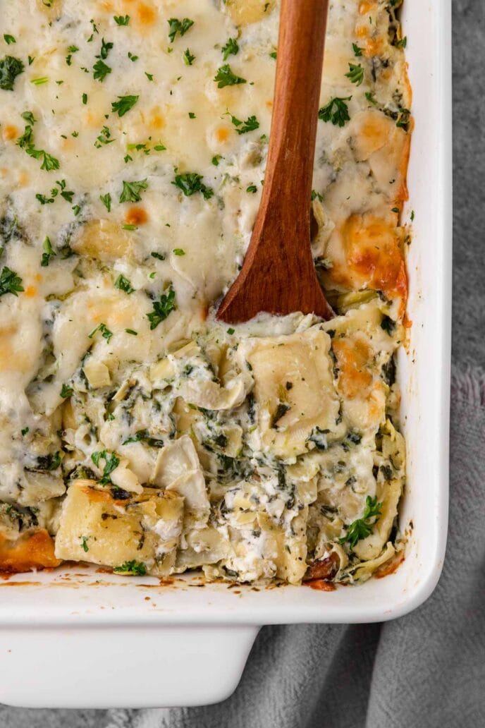 Spinach Artichoke Ravioli Bake in the pan