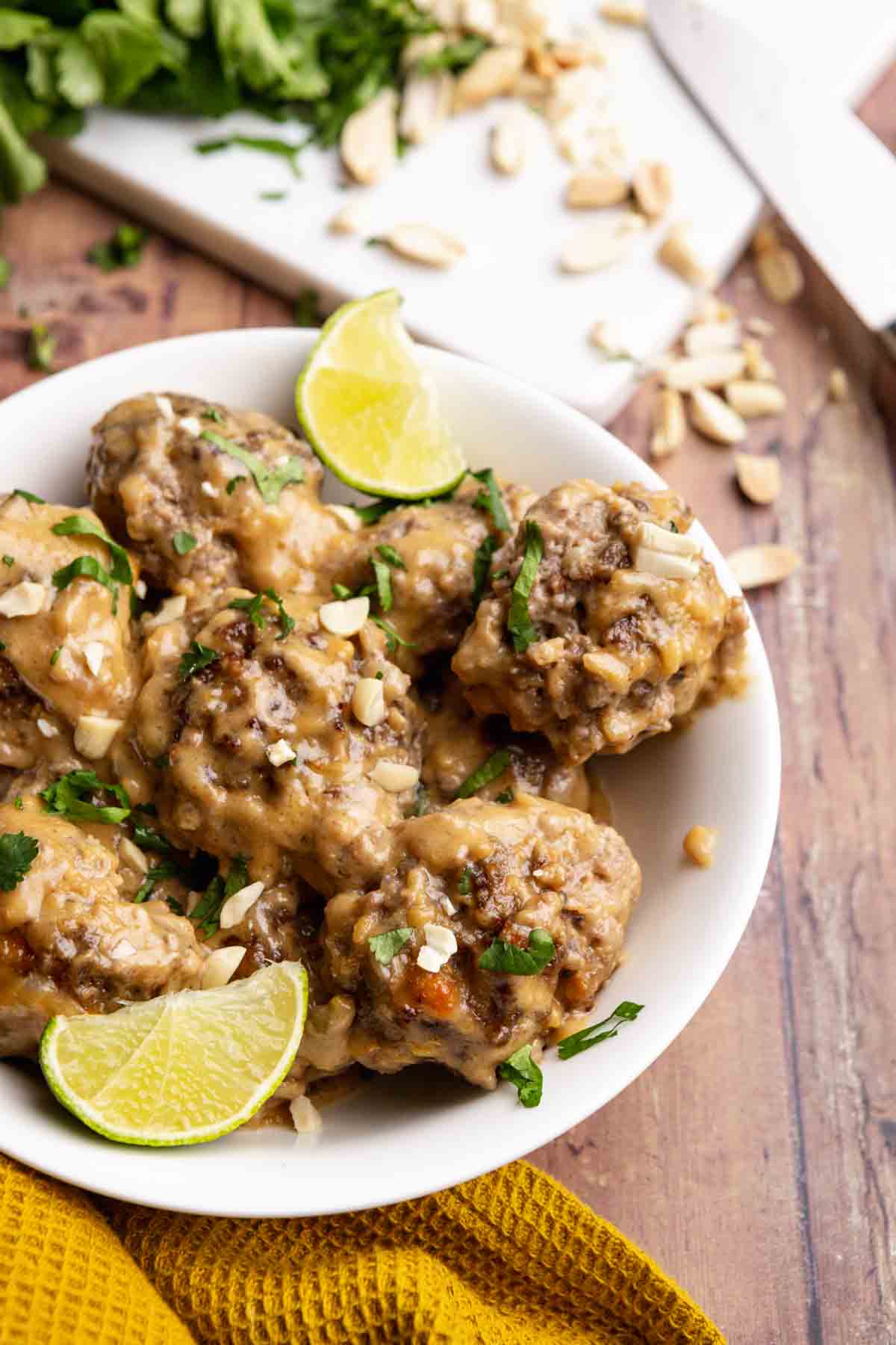 Thai Peanut Satay Meatballs in bowl