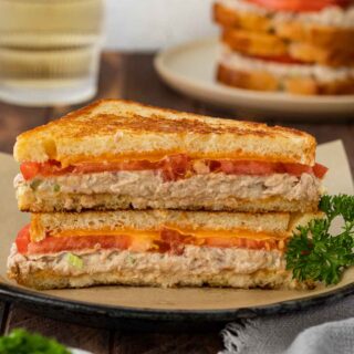 Classic Tuna Melt sandwich sliced on plate 1x1