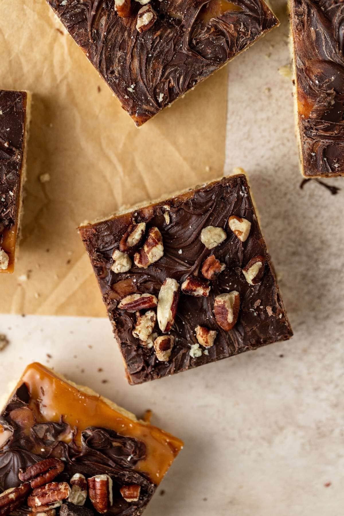 Turtle Cookie Bars sliced on table