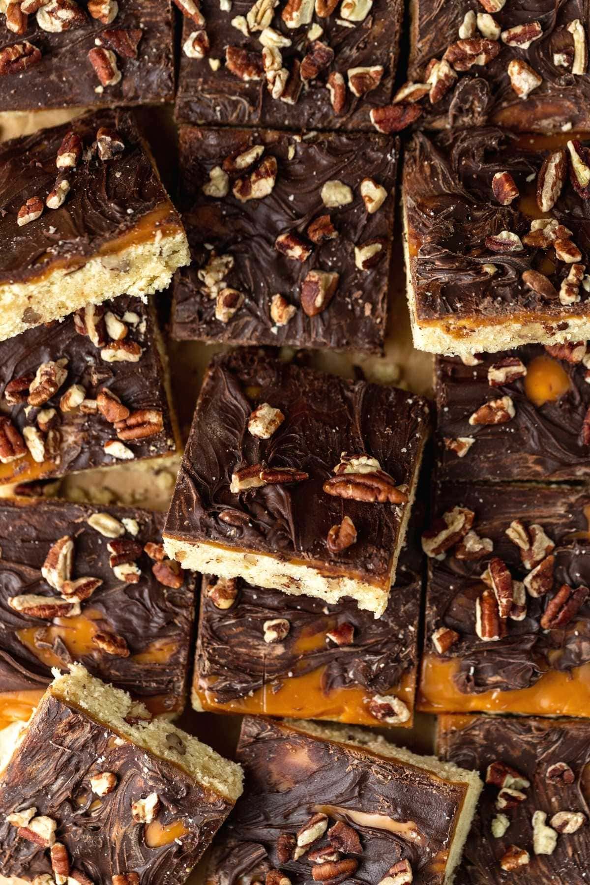 Turtle Cookie Bars sliced on table