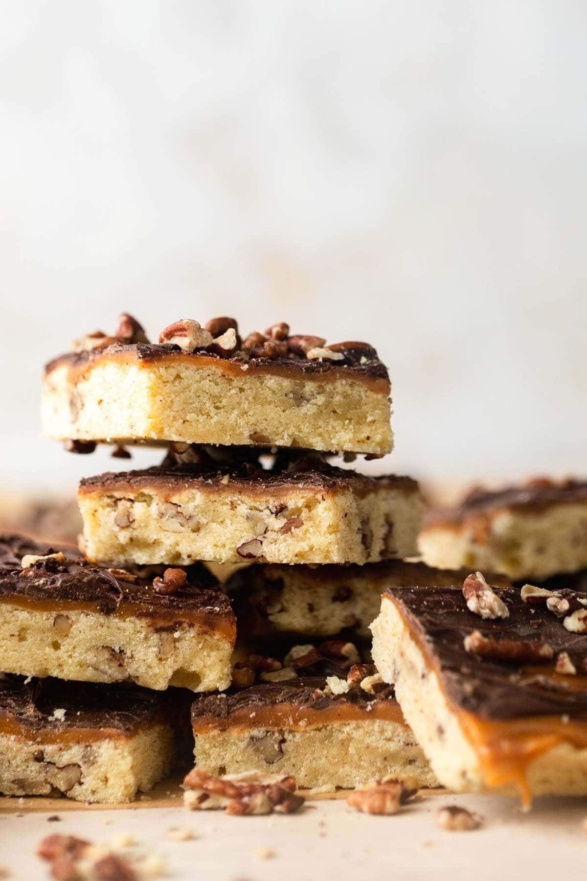 Turtle Cookie Bars stacked on table